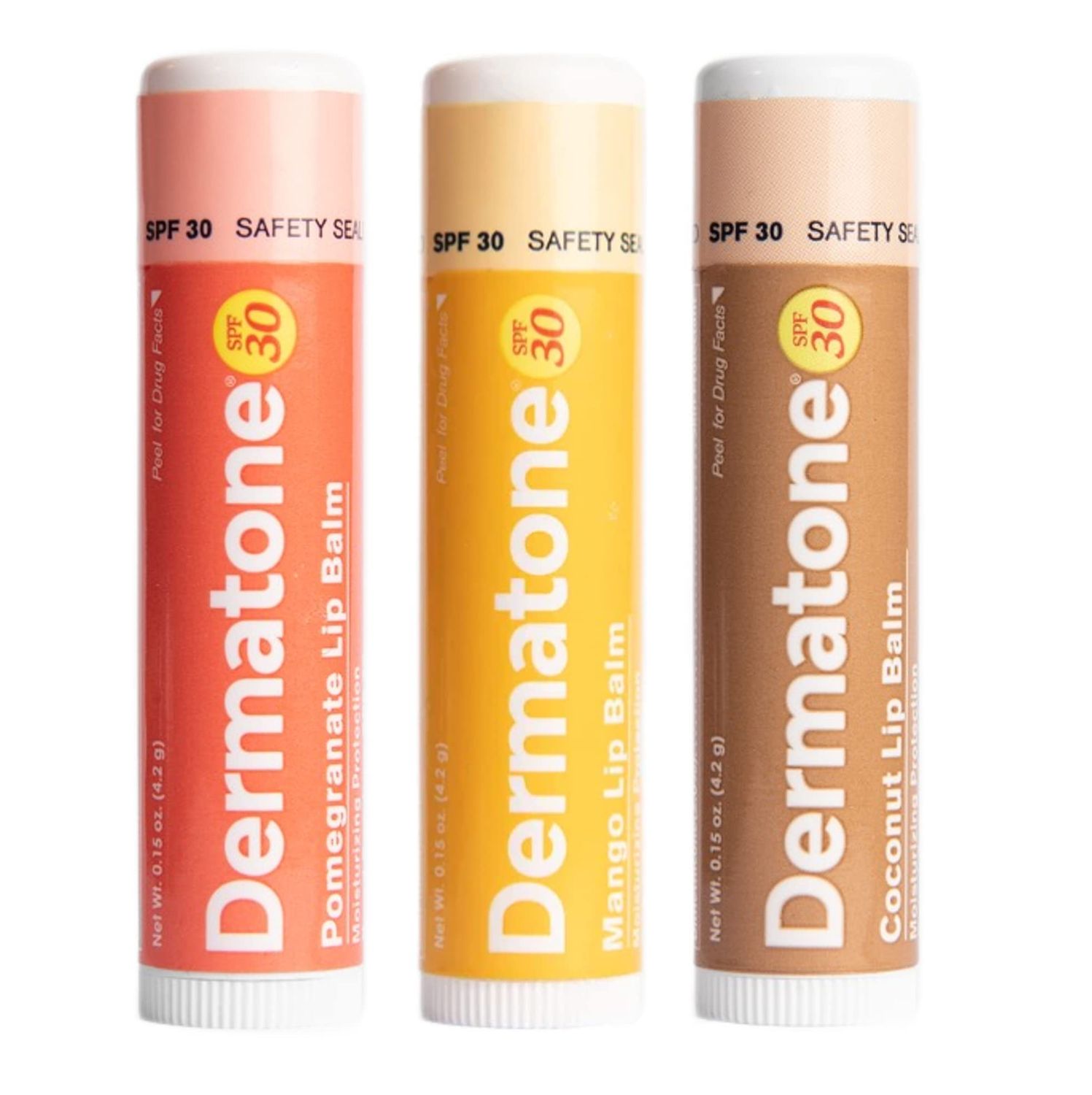 Dermatone Lip Balm Fruit Variety Pack | Moisturizing Lip Care | Soothes &amp; Heals Chapped Lips | SPF 30 | Aloe, Tea Tree Oil | 3-Pack (Coconut, Mango, Green Tea)