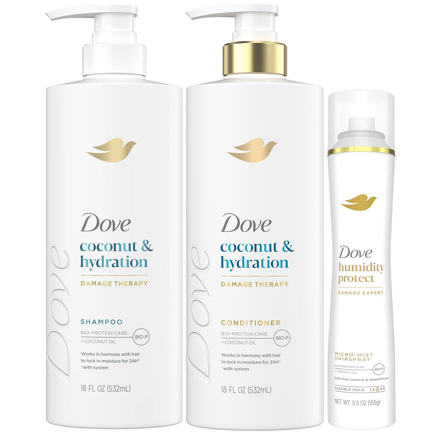 Dove Shampoo &amp; Conditioner Set, Coconut &amp; Hydration, with Dove Flexible Hold Hairspray, Compressed Micro Mist - Deep Hydration for Revitalizing Dry, Damaged Hair &amp; Styling (3 Piece Set)