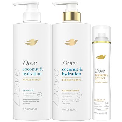 Dove Shampoo &amp; Conditioner Set, Coconut &amp; Hydration, with Dove Flexible Hold Hairspray, Compressed Micro Mist - Deep Hydration for Revitalizing Dry, Damaged Hair &amp; Styling (3 Piece Set)