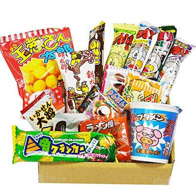 Japanese Dagashi 18 pcs assortment &amp; Cup Noodles ramen BUTAMEN set special BOX with AKIBA KING sticker
