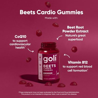 Goli Nutritional Supplement, Beets Cardio Gummy - 60 Count - 100mg CoQ10 &amp; Beet Root Extract - Gluten-Free, Vegan, Non-GMO, and Gelatin-Free. Nature's Great Superfood.