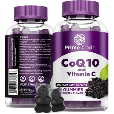 Prime Code CoQ10 200mg &amp; Vitamin C 250mg Gummies - Antioxidant &amp; Immune Support - Heart &amp; Energy Supplement for Adults - Vegan, Non-GMO, Gluten-Free - Elderberry Flavor - 60 Gummies