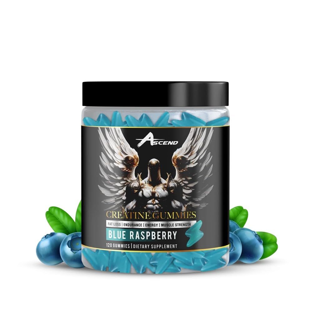 Ascend Creatine Monohydrate Gummies, 5000mg, (30 Servings, Blue Raspberry Flavor)