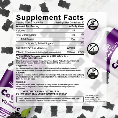 Prime Code CoQ10 200mg & Vitamin C 250mg Gummies - Antioxidant & Immune Support - Heart & Energy Supplement for Adults - Vegan, Non-GMO, Gluten-Free - Elderberry Flavor - 60 Gummies