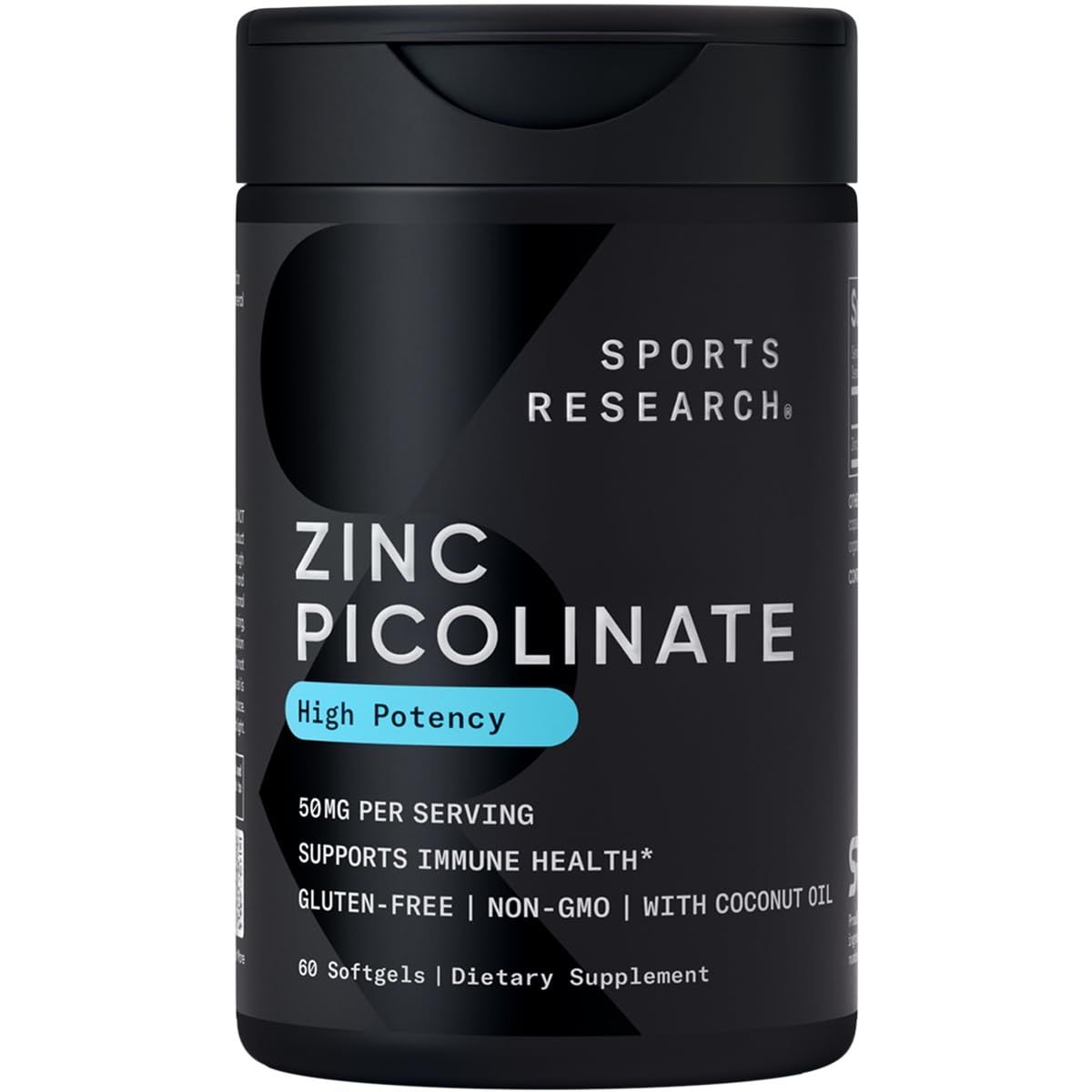 Sports Research Zinc Picolinate 50mg with Organic Coconut Oil | Highly Absorbable Zinc Supplement for Healthy Immune Function - Non-GMO Verified, Gluten &amp; Soy Free (60 Liquid Softgels)
