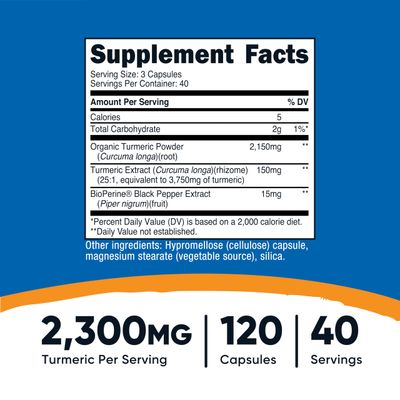 Nutricost Turmeric Curcumin with BioPerine and 95 Curcuminoids, 2300mg, 120 Capsules, Veggie Capsules, 767mg Per Cap, 40 Servings, Gluten Free, Non-GMO
