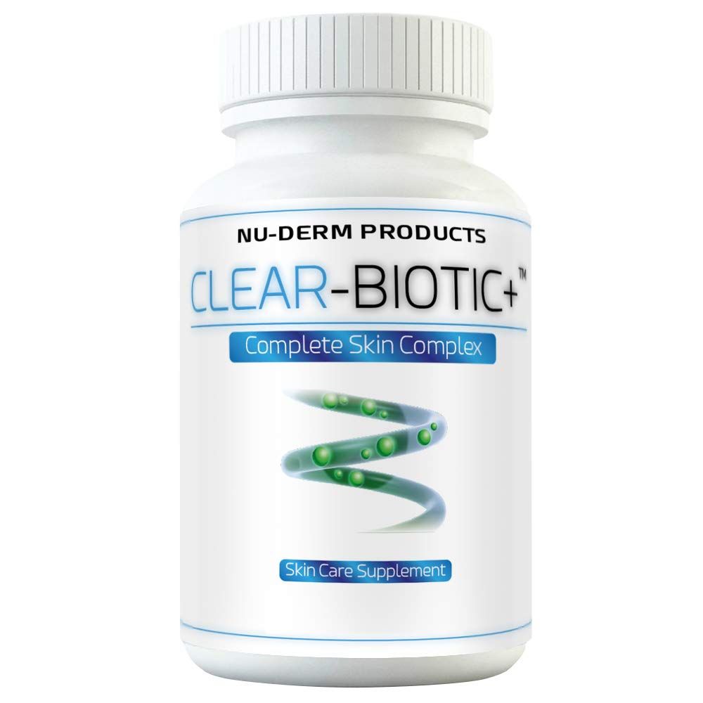 Clear-Biotic Nu-Derm Acne Treatment Supplements, Probiotics Vitamis &amp; Zinc for Hormonal Acne, Clear Skin Vitamins for Women, Men, Teens, Non-GMO (60 Capsules)