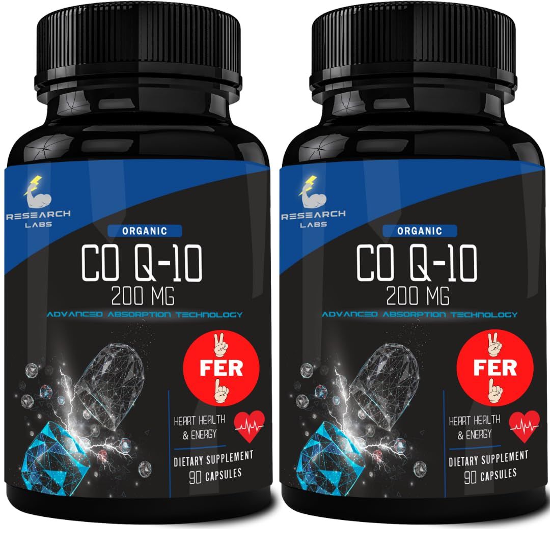 Research Labs 180 Softgels Advanced Absorption 200mg CoQ10 w/Black Pepper Extract. 2 for 1 Ad. Organic, Gluten Free, Heart Health Support, Energy Production, Antioxidant Supplement
