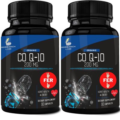 Research Labs 180 Softgels Advanced Absorption 200mg CoQ10 w/Black Pepper Extract. 2 for 1 Ad. Organic, Gluten Free, Heart Health Support, Energy Production, Antioxidant Supplement