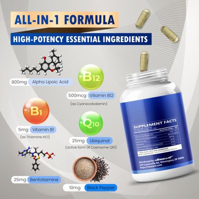 NESSARIT Alpha Lipoic Acid High Potency with Vitamin B1, Vitamin B12, Benfotiamine, Ubiquinol, Black Pepper - Support Cellular Health - 150 Count - Made &amp; Tested in The USA