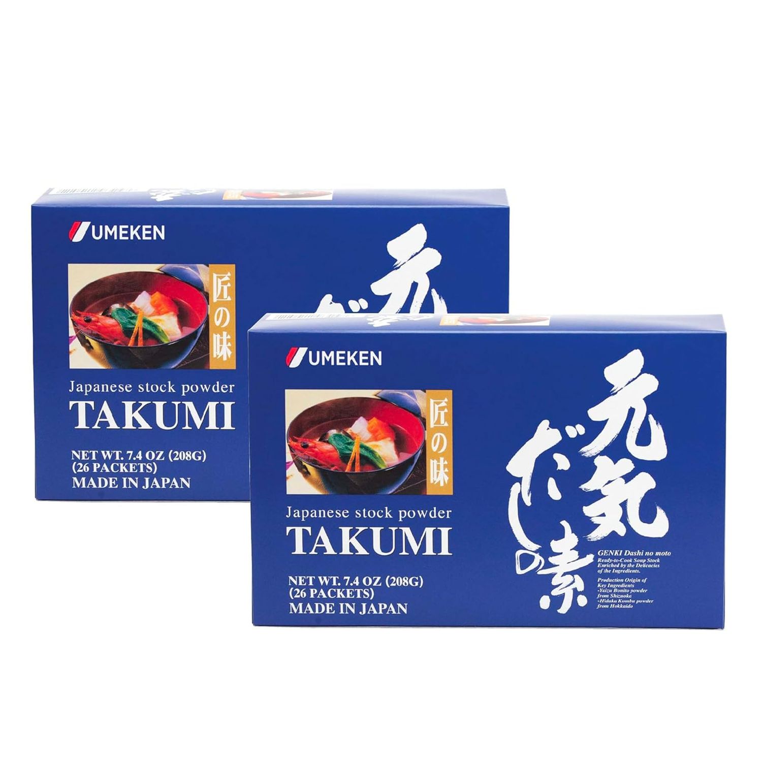 Umeken Takumi Stock Powder, Dashi Japanese Packets for Flavoring your Meals, Umami, Japanese Bonito &amp; Dashi Seasoning Powder with 4 Portions per Packet, No MSG Added, 26 Packets, 7.4 oz Box, Pack of 2