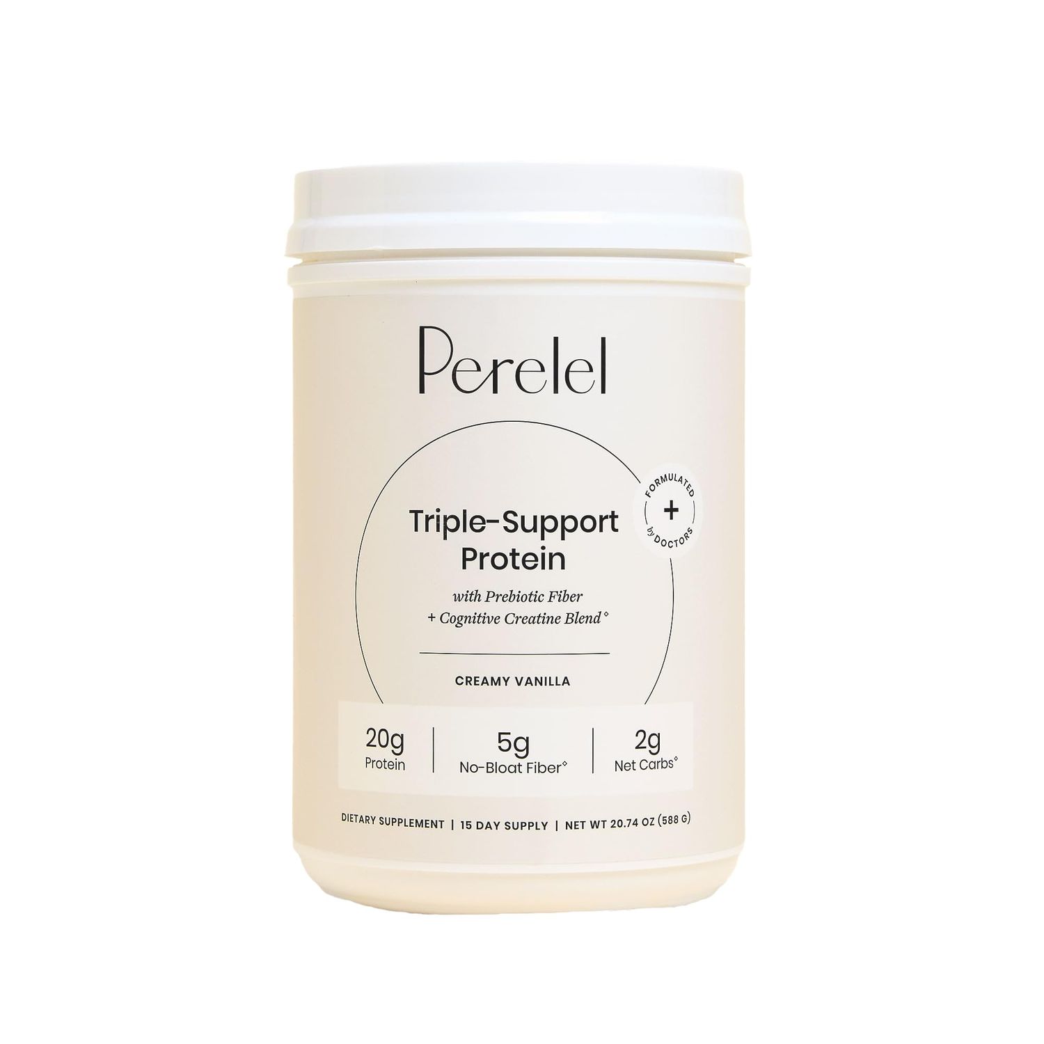 Perelel Triple-Support Plant Based Protein Powder, Creamy Vanilla, 20g Vegan Protein Powder, 3g Creatine Monohydrate, &amp; 5g Prebiotic Fiber per Serving, Dairy Free, No Sugar Added, 15 Day Supply