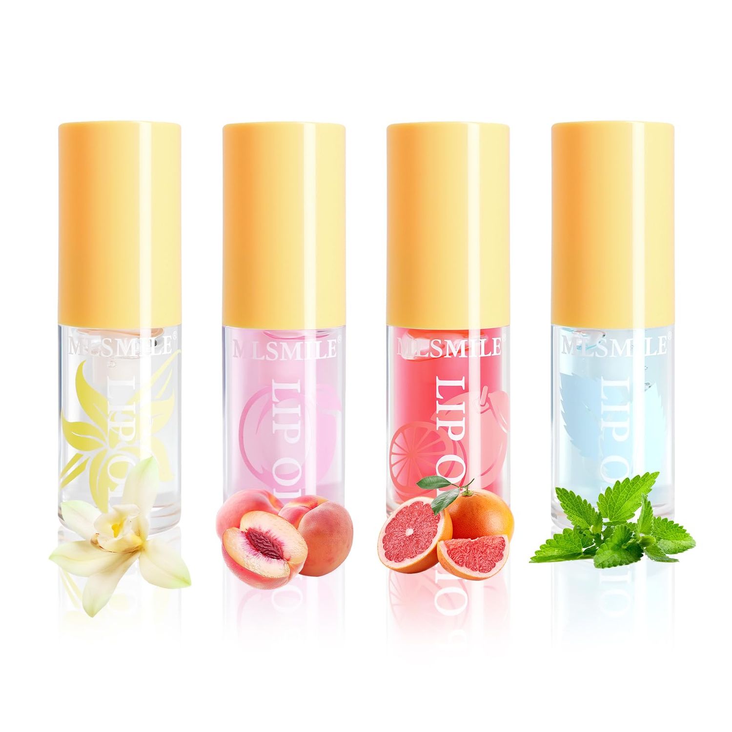 MLSMILE Hydrating Lip Oil - No-Sticky Gloss Lip Balm Lip Care 4-Extract Lip Oil Set for Long Lasting Moisturizing &amp; Nourishment for Dry Lips(Vanilla, Peach, Grapefruit, Mint)