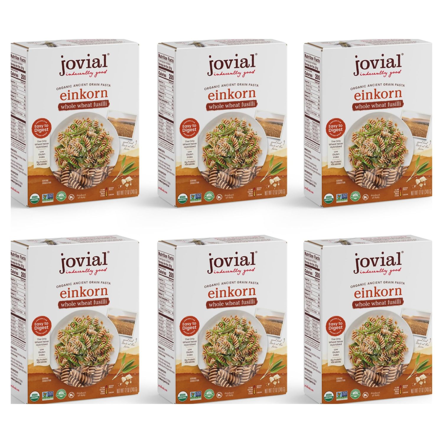 Jovial Einkorn 100 Organic Whole Grain Fusilli - Einkorn Pasta, High Protein, Non-GMO, USDA Certified Organic, Lower Carb, Delicious Pasta Made in Italy - 12 Oz, 6 Pack