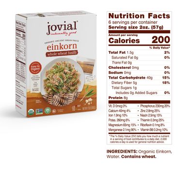 Jovial Einkorn 100 Organic Whole Grain Fusilli - Einkorn Pasta, High Protein, Non-GMO, USDA Certified Organic, Lower Carb, Delicious Pasta Made in Italy - 12 Oz, 6 Pack