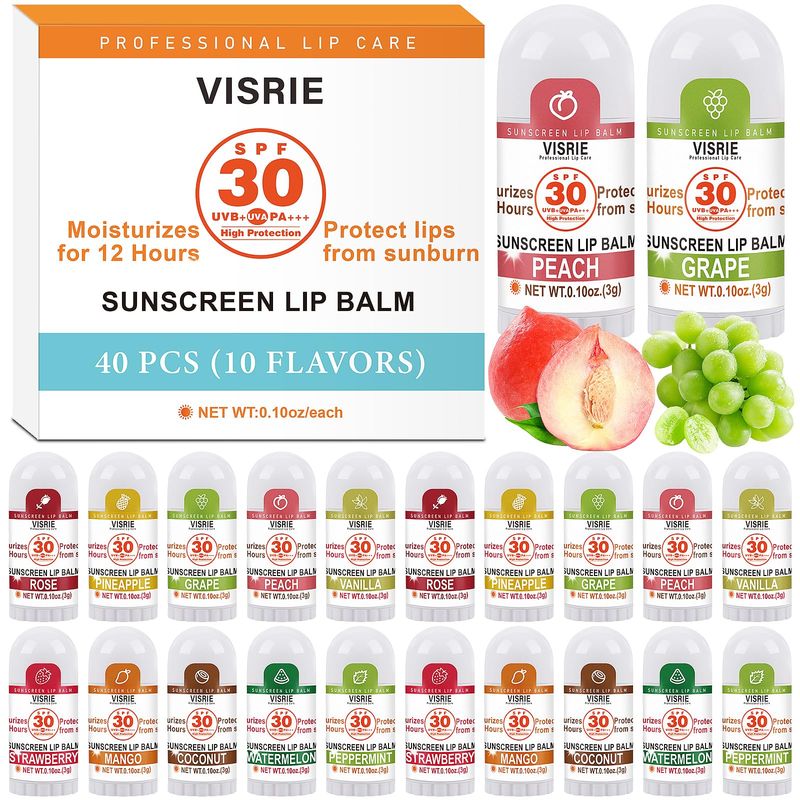 VISRIE SPF 30 Mini Sunscreen Lip Balm, SPF Lip Balm Bulk 40 Count, Travel Sunscreen with Vitamin E and Coconut Oil- 10 Flavors