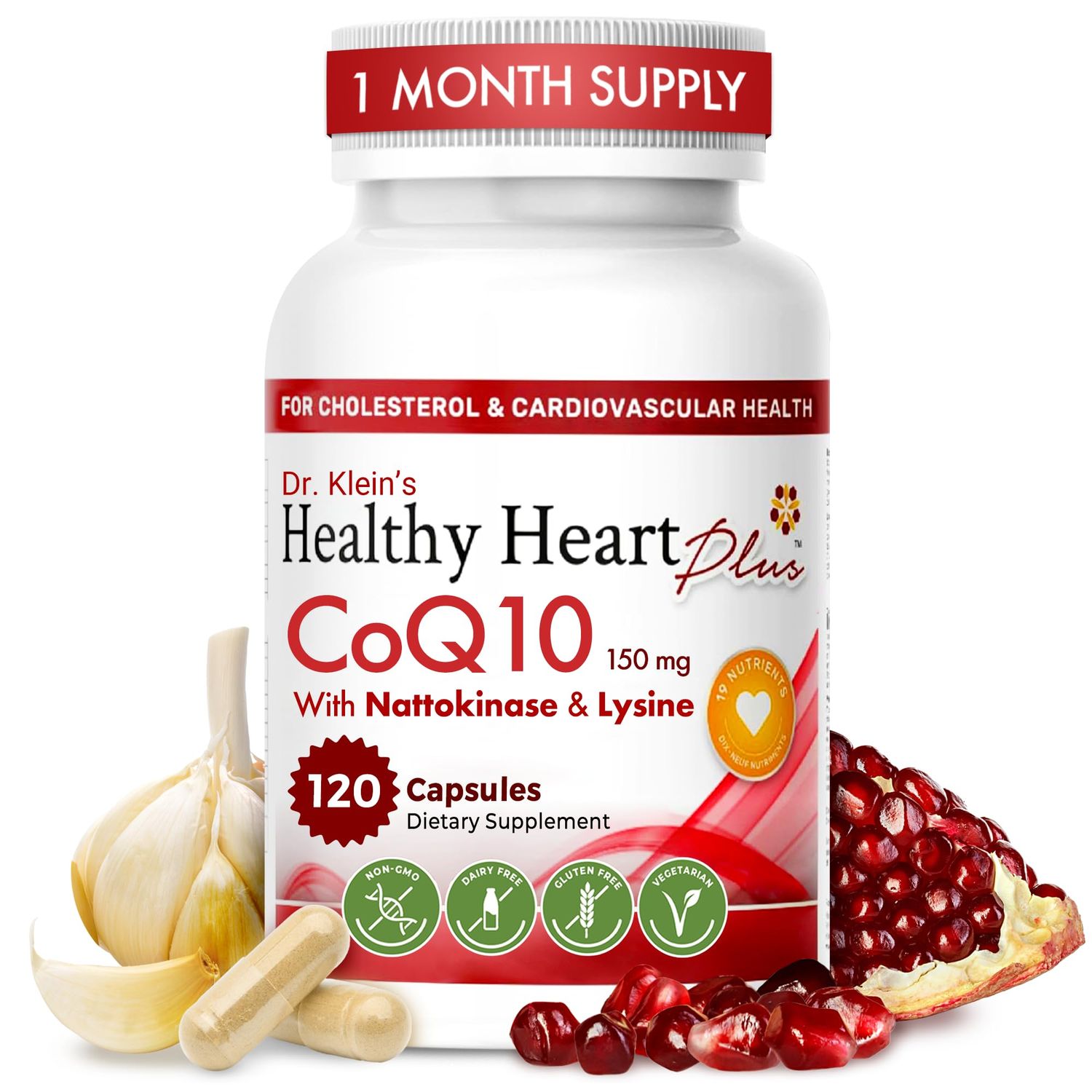 Healthy Heart Plus CoQ10 Cardiovascular Supplement - Coenzyme Q10 150mg, Nattokinase, Pomegranate Extract &amp; Garlic for Blood Pressure &amp; Cholesterol - Heart Supplements for Men &amp; Women - 120 Capsules