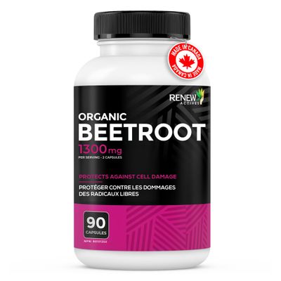 Renew Actives Organic Beetroot Supplement 1300MG per 2 Capsules - Pure Beetroot Powder for Circulation, Natural Energy, & Antioxidant Benefits - High-Potency Superfood, Made in Canada - 90 Capsules