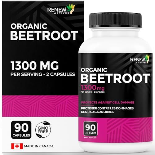 Renew Actives Organic Beetroot Supplement 1300MG per 2 Capsules - Pure Beetroot Powder for Circulation, Natural Energy, &amp; Antioxidant Benefits - High-Potency Superfood, Made in Canada - 90 Capsules