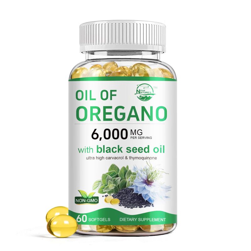 Nature's live Oil of Oregano with Black Seed Oil, 2 in 1 Oregano Supplement for Immune Health, Retains High Concentrated Carvacrol &amp; Thymoquinone, Non-GMO, 60 Softgels, 1 Pack