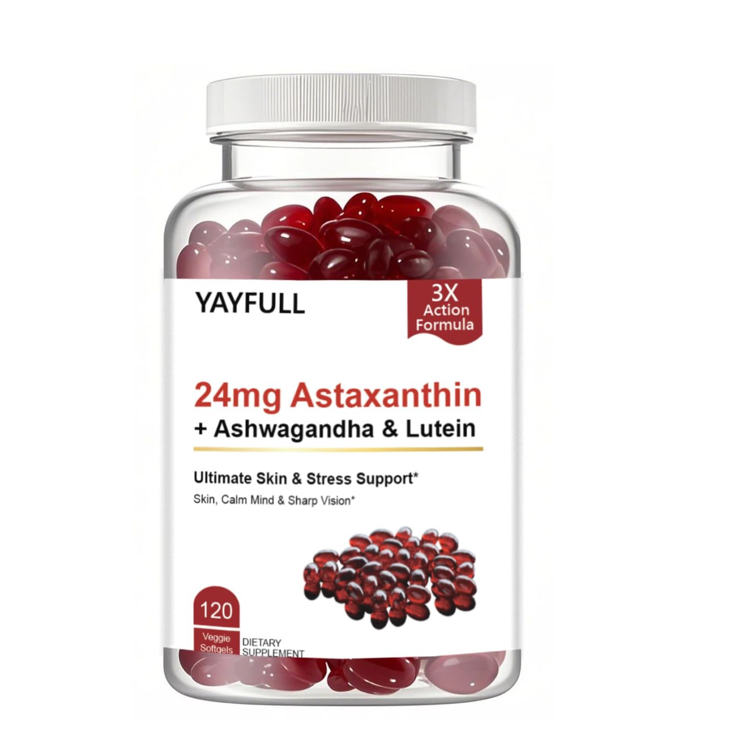 YAYFULL Astaxanthin 12mg, 120 Softgels - Max Strength Antioxidant Supplement with Ashwagandha, Lutein, Glutenfree, Non-GMO, Supports Eye, Skin Health