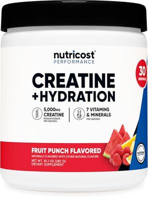 Nutricost Creatine Monohydrate Hydration Fruit Punch Flavored (30 Servings) - 7 Vitamins &amp; Minerals, 5000mg of Creatine Per Serving