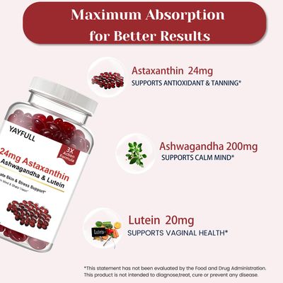 YAYFULL Astaxanthin 12mg, 120 Softgels - Max Strength Antioxidant Supplement with Ashwagandha, Lutein, Glutenfree, Non-GMO, Supports Eye, Skin Health