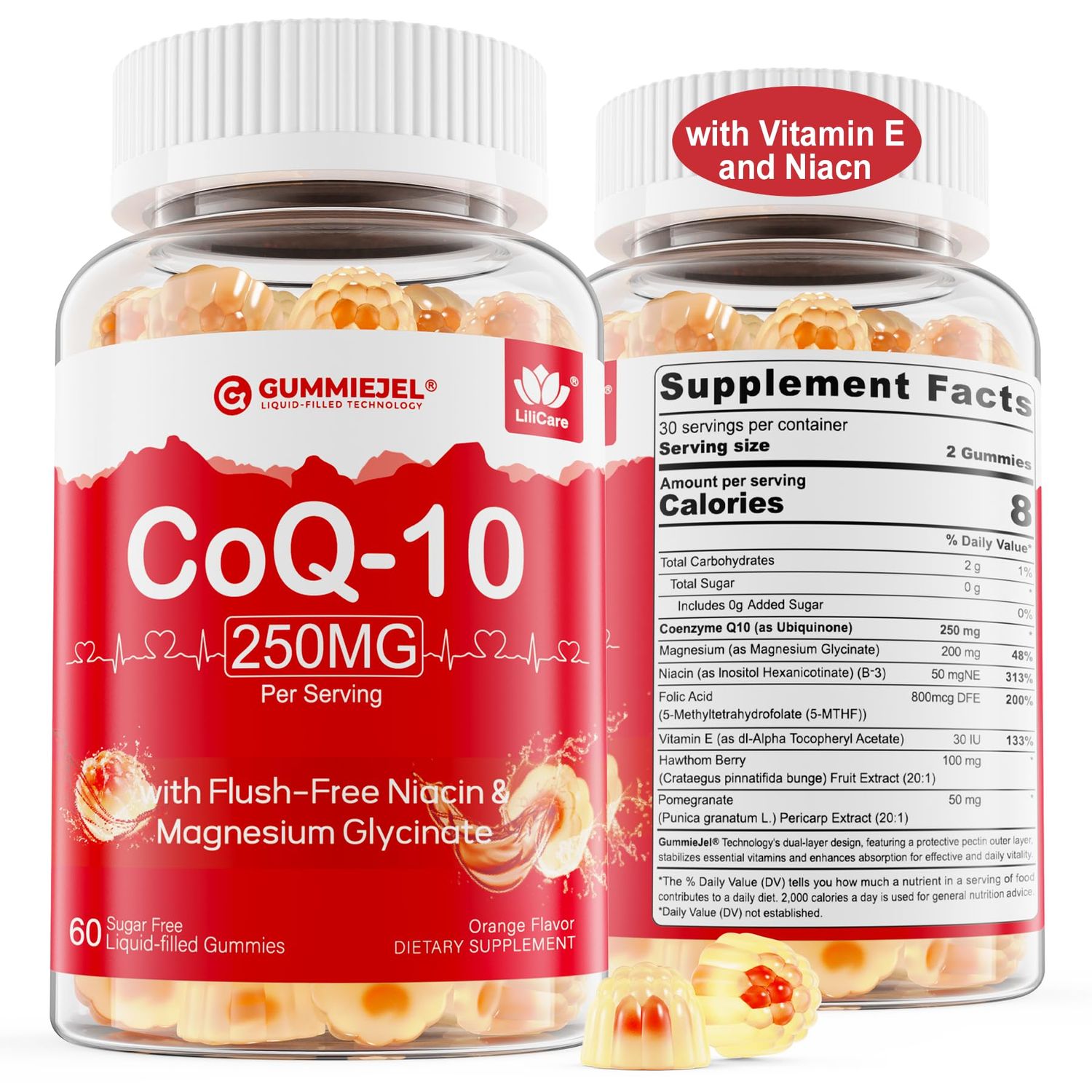 2 Pack - Sugar Free CoQ10 Filled Gummies 250MG, Coenzyme Q10 w/ Magnesium Glycinate, Niacin No-Flush Vitamin B3, E &amp; Folic Acid, High Absorption CoQ10 for Hear-t, Cellular Energy &amp; Antioxidant