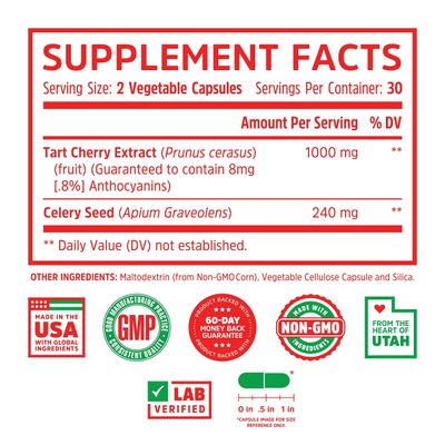 Zhou Tart Cherry Extract Celery Seed - Tart Cherry Capsules for Men &amp; Women, Tart Cherry Concentrate Pills for Sleep &amp; Uric Acid Cleanse, 1000mg Per Pill - 60 Veggie Capsules (Pack of 1)