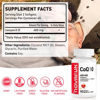 Novafun CoQ10-400mg-Softgels with Coconut MCT Oil, High Absorption Coenzyme Q10 Supplement for Heart Health &amp; Energy Production, 90 Count, 45 Day Supply