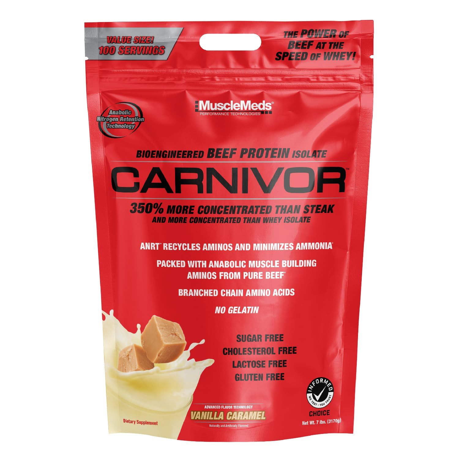 MuscleMeds Carnivor Beef Protein Isolate, 0 Lactose, 0 Sugar, 0 Fat, 0 Cholesterol, Halal Certified, Vanilla Caramel, 7 Lb, 100 Servings