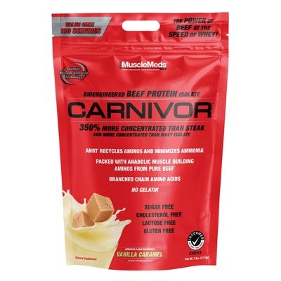 MuscleMeds Carnivor Beef Protein Isolate, 0 Lactose, 0 Sugar, 0 Fat, 0 Cholesterol, Halal Certified, Vanilla Caramel, 7 Lb, 100 Servings