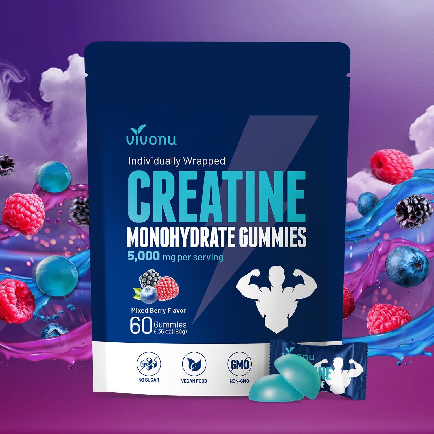 Creatine Gummies - 5000mg Creatine Monohydrate Per Serving | Mixed Berry Flavors | Sugar Free Vegan Creatine Monohydrate Supplement for Men &amp; Women | Non-GMO Gluten Free Pre Workout Supplements