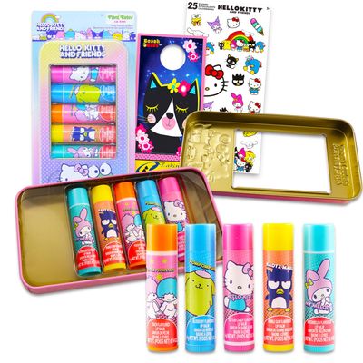 Hello Kitty and Friends Moisturizing Lip Balm Tube Bundle for Kids - 5 Pack of Hydrating Flavored Lip Balm Featuring Pompompurin, My Melody Plus Stickers, More | Hello Kitty and Friends Party Favors