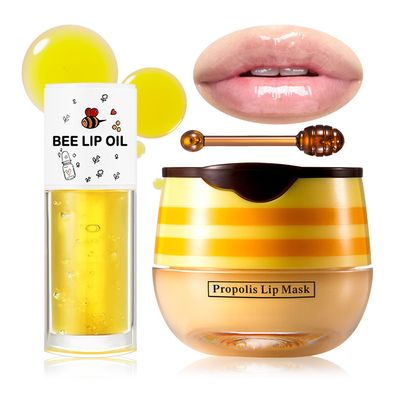 Honey Pot Lip Mask &amp; Honey Lip Oil,Hydrating Lip Sleeping Mask Set for Lip Care,Moisturizing &amp; Nourishing Lip Oil Gloss for Cracked Dry Lips2PCS)