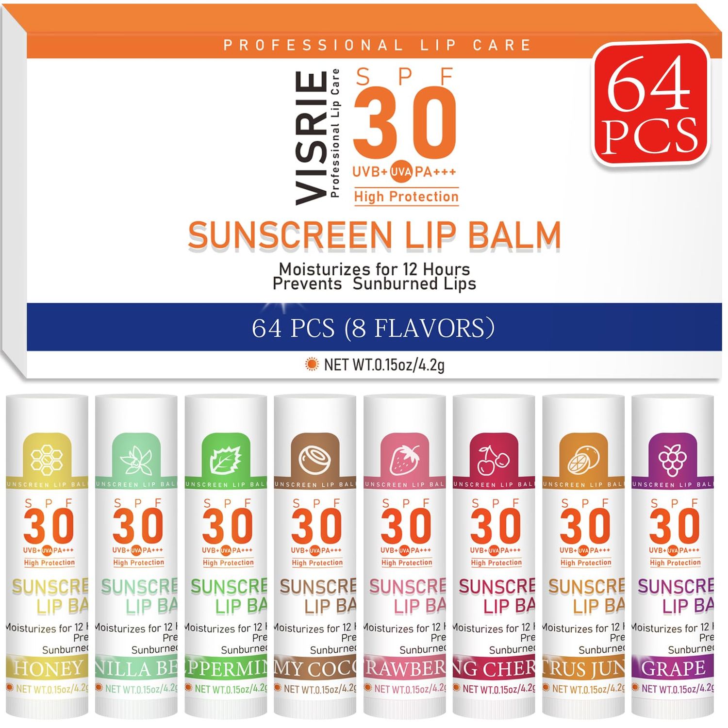 SPF 30 Sunscreen Lip Balm, Bulk Travel Size-64 Pack, Hydrating with Vitamin E &amp; Coconut Oil- 8 Flavors