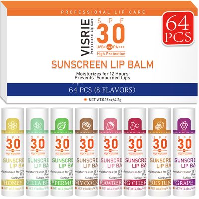 SPF 30 Sunscreen Lip Balm, Bulk Travel Size-64 Pack, Hydrating with Vitamin E &amp; Coconut Oil- 8 Flavors