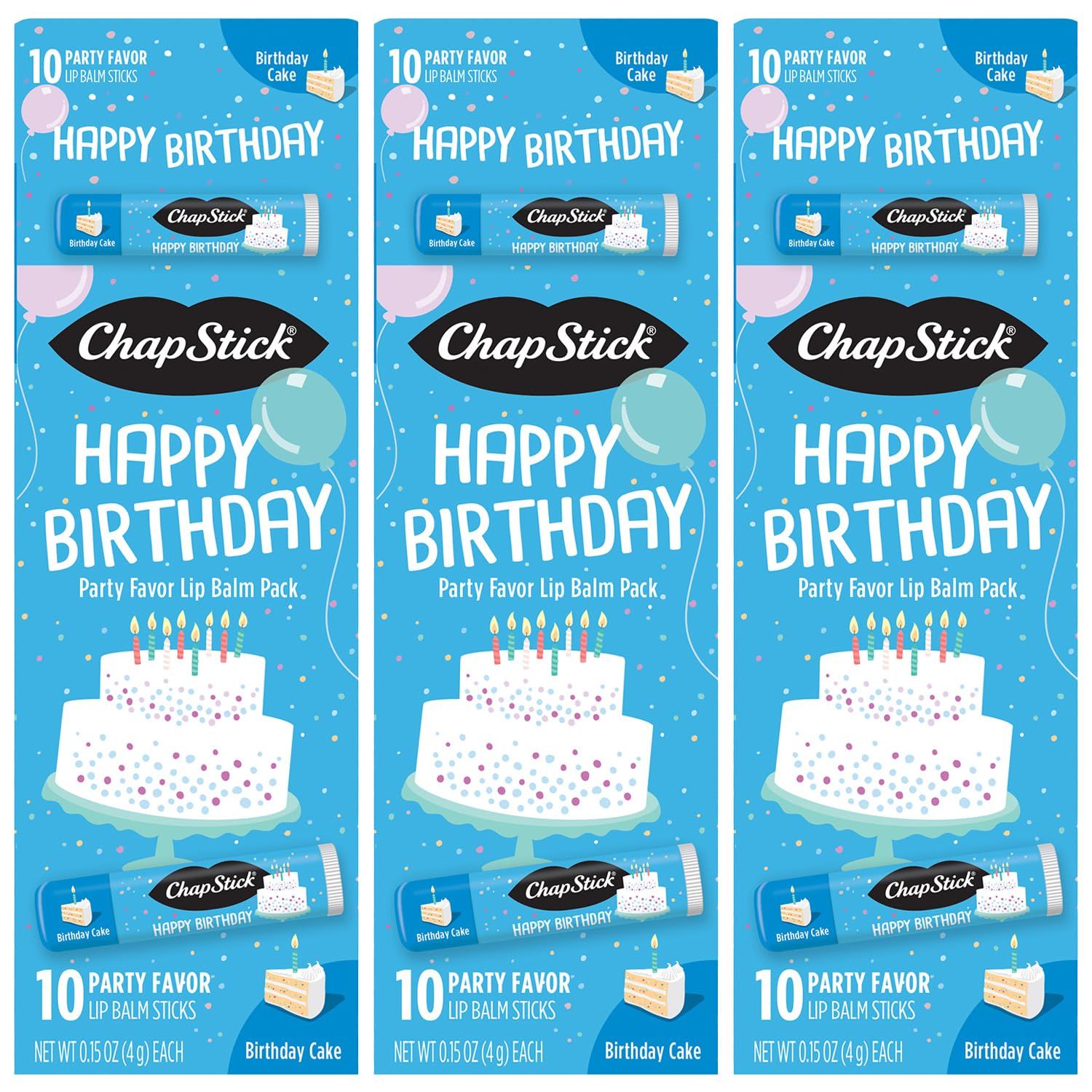 ChapStick Party Favors, Happy Birthday Cake Lip Balm Packs (30 Sticks) - Sweet, Creamy Vanilla Flavor, Fun Gifts for Teens &amp; Adults, 0.15 Oz Ea