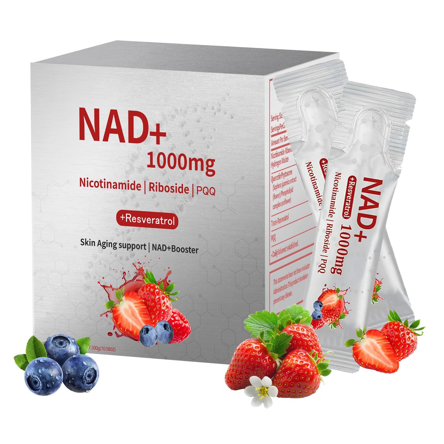 MILIZHIWU NAD 1000mg Liquid - Nicotinamide Riboside Resveratrol Supplements with PQQ, NAD Berry Flavor Drink Mix for Skin Aging Support, Energy and Focus - 30 Pack