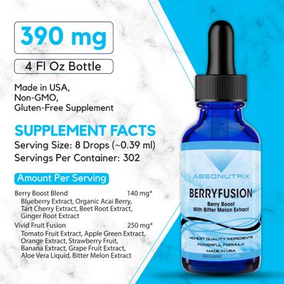 Absonutrix BerryFusion, 390 mg, 4 FL OZ Liquid, 302 Servings, Made in USA, Plant-Based Ingredients, Blueberry Extract, Bitter Melon, Gluten-Free, Non-GMO