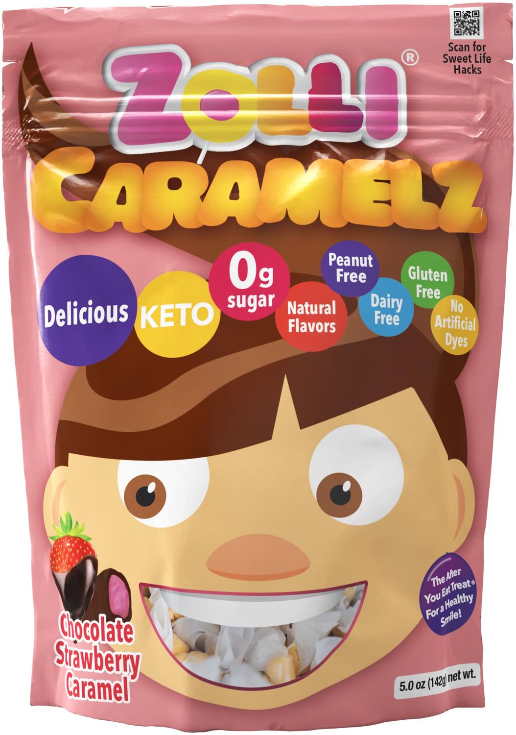 Zolli Sugar-Free Chocolate Strawberry Caramelz, Teeth-Friendly Low Calorie Candy, Keto &amp; Diabetic Friendly, Gluten-Free, Kosher, 5oz Bag