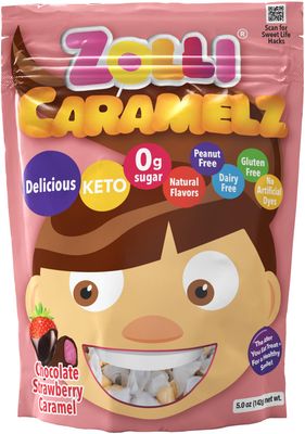 Zolli Sugar-Free Chocolate Strawberry Caramelz, Teeth-Friendly Low Calorie Candy, Keto &amp; Diabetic Friendly, Gluten-Free, Kosher, 5oz Bag