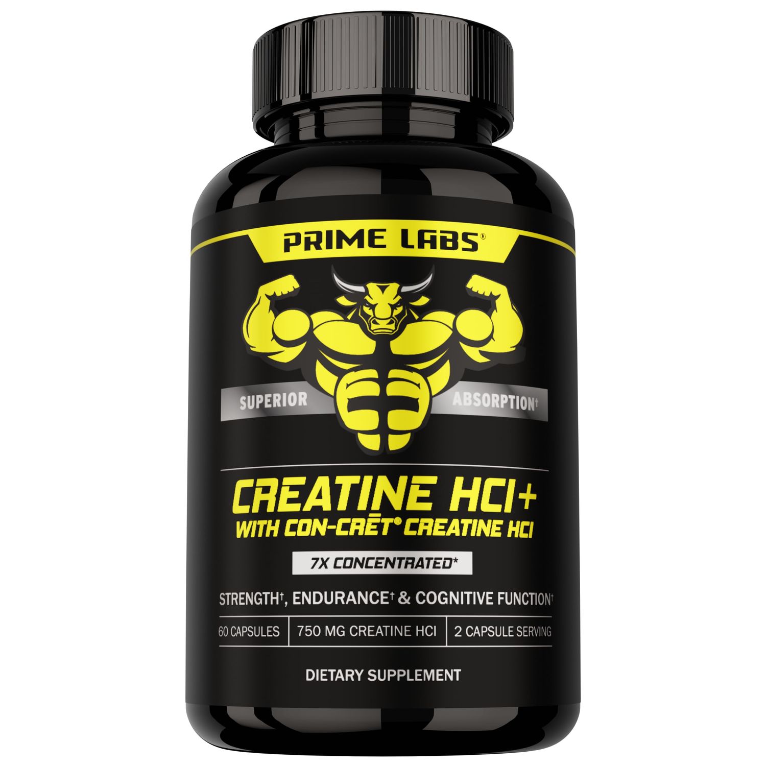 Prime Labs Creatine HCl Capsules - with CON-CRT, Rhodiola Root Extract, &amp; L-Theanine - Muscle Support, Endurance, Cognitive Function - for Men &amp; Women - 60 Pills