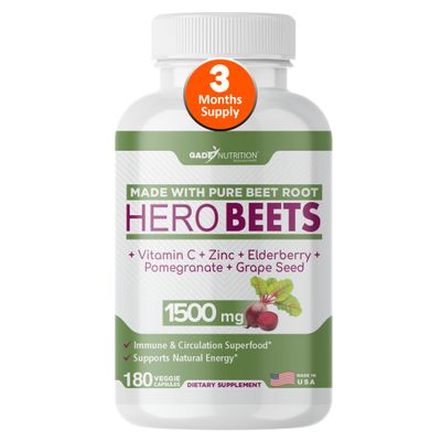 Gade Nutrition Hero Beets - Beet Root Capsules 1500mg - Organic Beet Root Powder Vitamin C Zinc, Elderberry, Pomegranate, Grape Seed Extract - 3 Months Supply