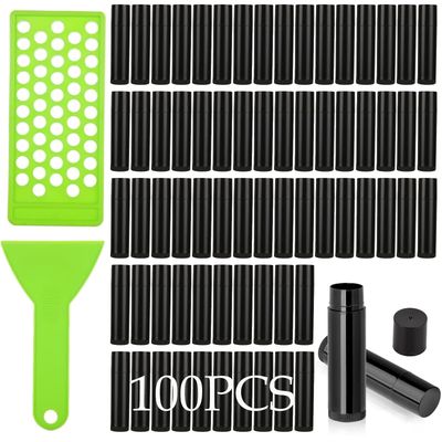 GBACHOOSE 100Pack Plastic Lip Balm Tubes 5ml/5g Black Lip Balm Containers, Chapstick Tubes Empty with Filling Tray and Spatula, Rotating Type Refill Lip with Cap for DIY