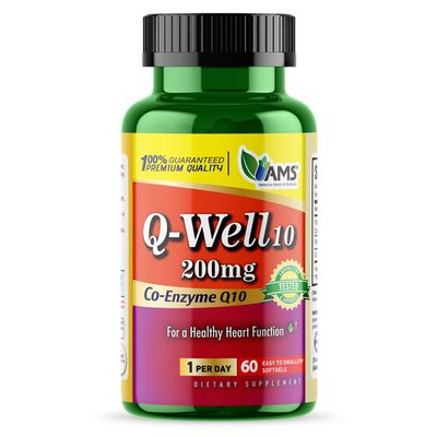 America Medic &amp; Science Q-Well-10 (60 Count) | CoQ10 200mg Softgels | Nutritional Supplement with Coenzyme Q10 and Vitamin E | High Absorption Antioxidant for Enhanced Wellness and Heart Health