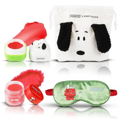 Profusion Cosmetics Peanuts Holiday Goodnight Set, Featuring A Lip Balm, Scrub, Snoopy Pouch and Eye Sleep Mask, Infused with Vitamin E