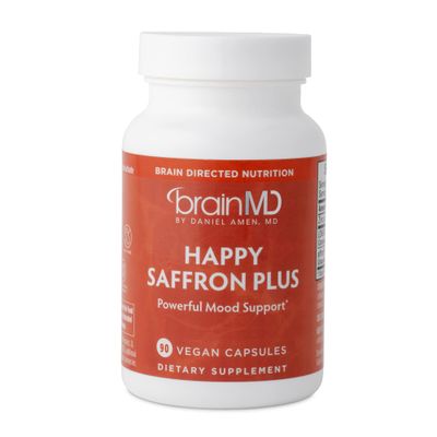 Dr Amen BrainMD Happy Saffron Plus - 90 Capsules - With Saffron Flower Extract, Curcumin &amp; Zinc - Vegan, Gluten Free - 30 Servings
