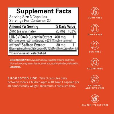 Dr Amen BrainMD Happy Saffron Plus - 90 Capsules - With Saffron Flower Extract, Curcumin &amp; Zinc - Vegan, Gluten Free - 30 Servings