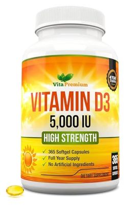 Vitamin D3 5000 IU, 365 Easy-Swallow Softgels, High Strength Vitamin D 5000 IU Supplement - Full Year Supply